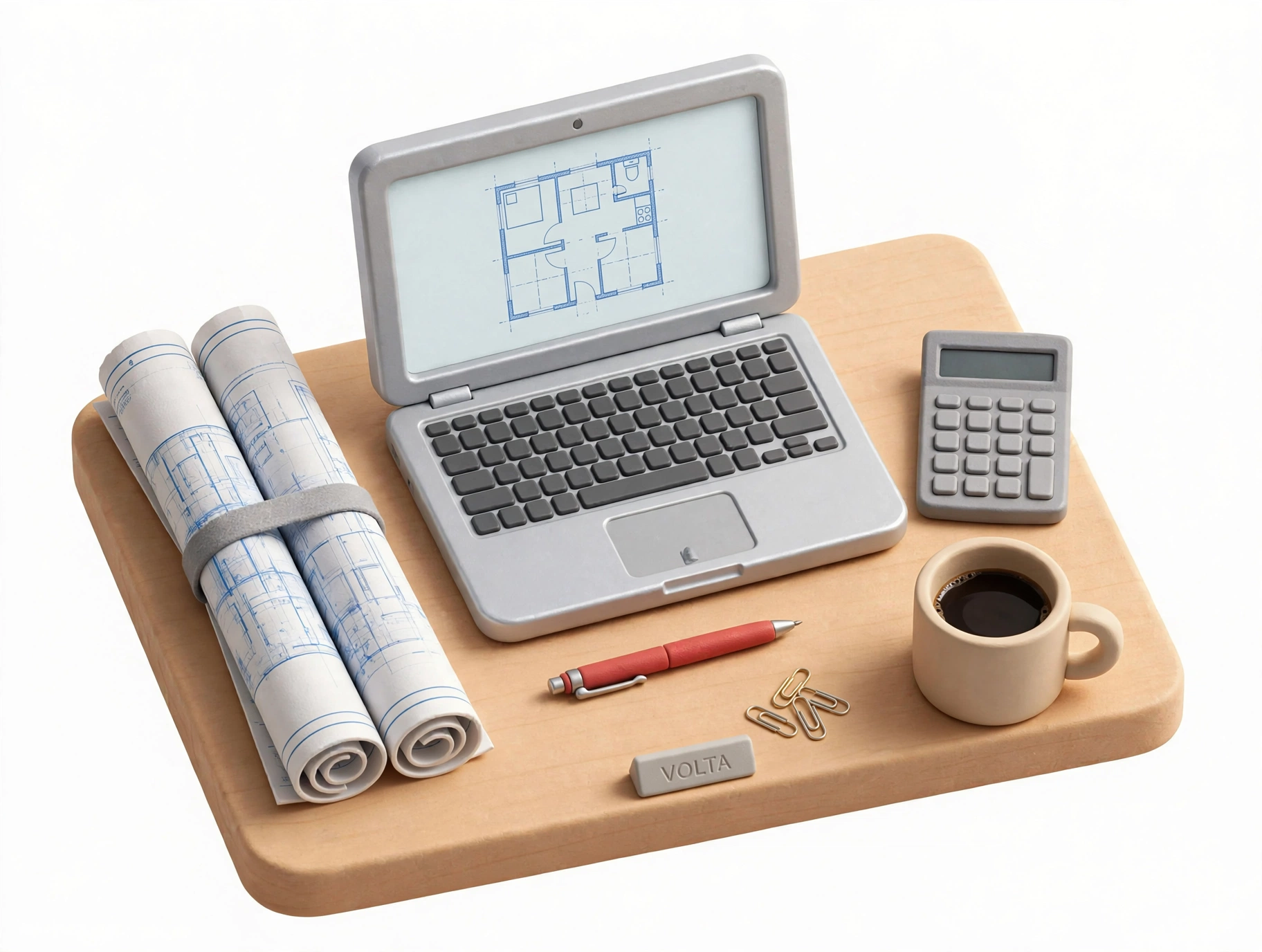 Isometric VOLTA estimating desk — a laptop showing a floor plan, rolled blueprints, calculator, coffee and a VOLTA eraser