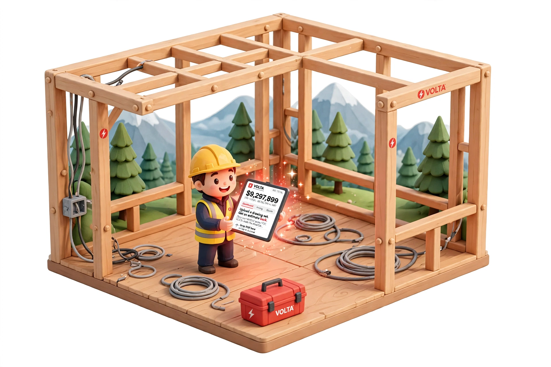 Isometric electrician holding a VOLTA estimate on a wood-frame site