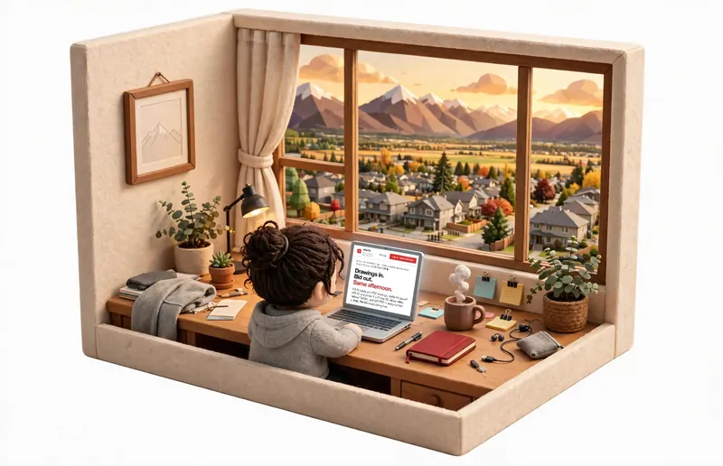 Isometric desk with VOLTA open on a laptop, blueprints alongside