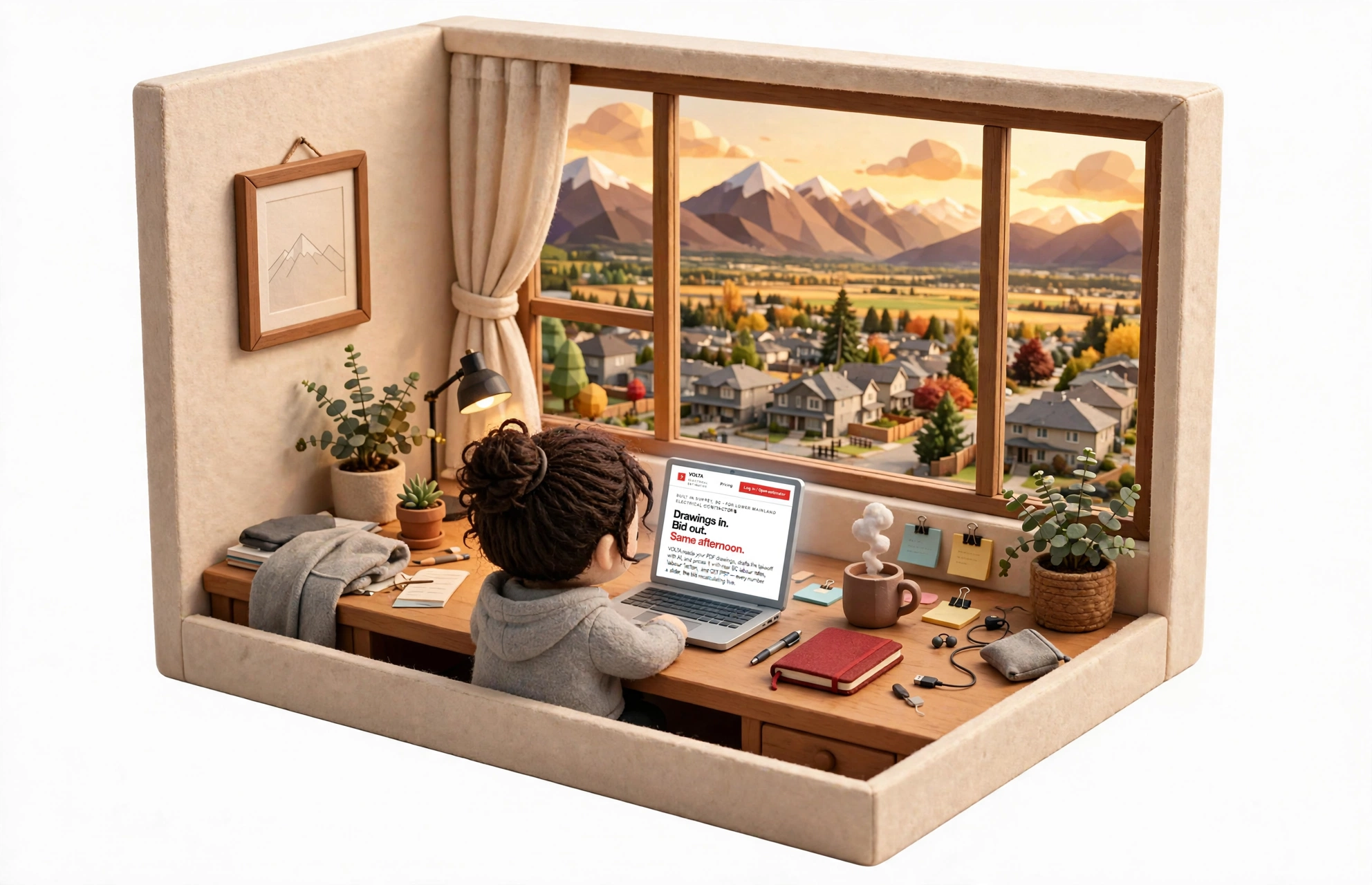 Isometric desk with VOLTA open on a laptop, blueprints alongside