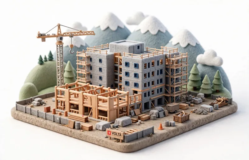 Isometric BC mid-rise under construction with mountains behind