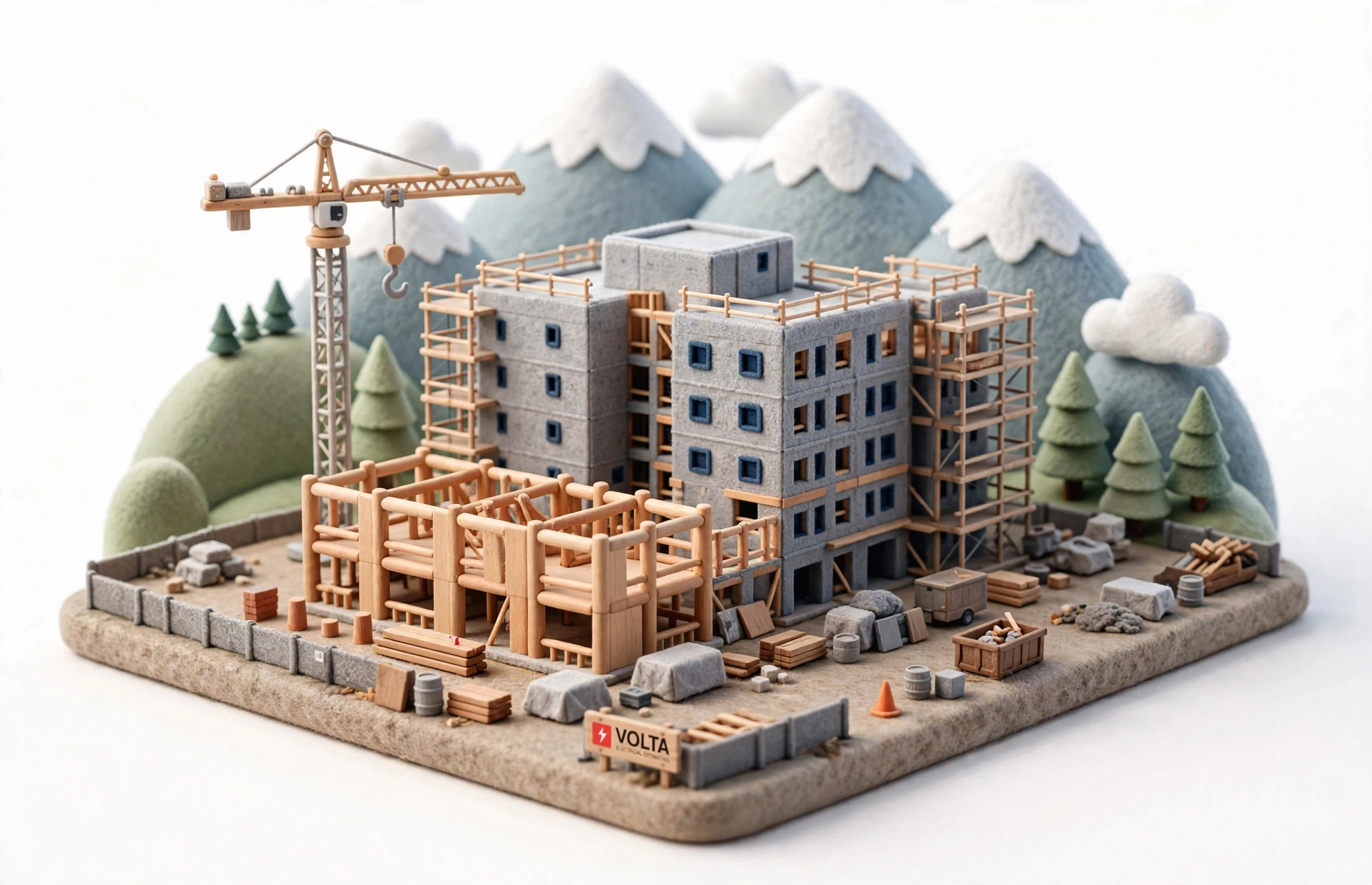 Isometric BC mid-rise under construction with mountains behind